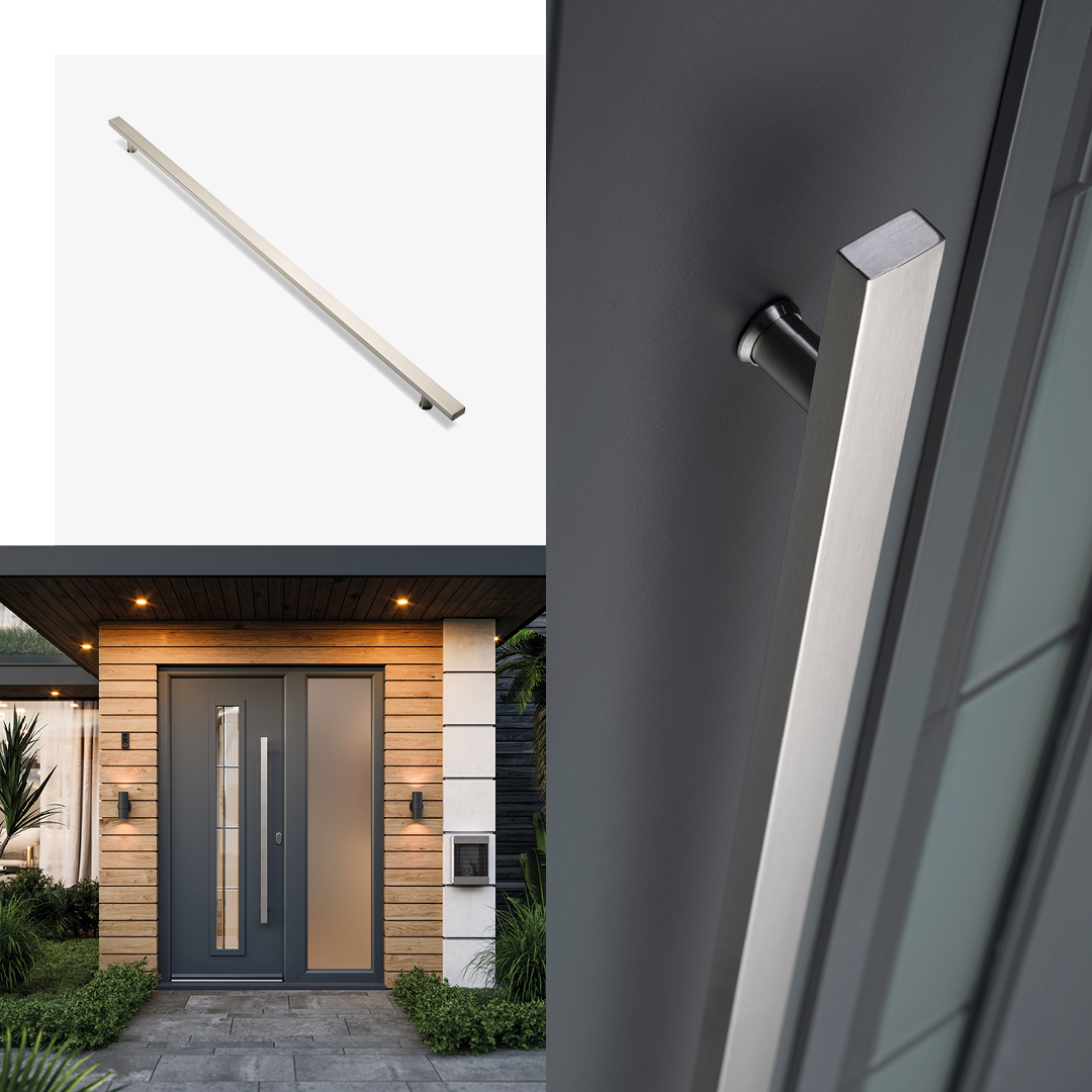 Modern grey composite entry door with brushed steel bar handle